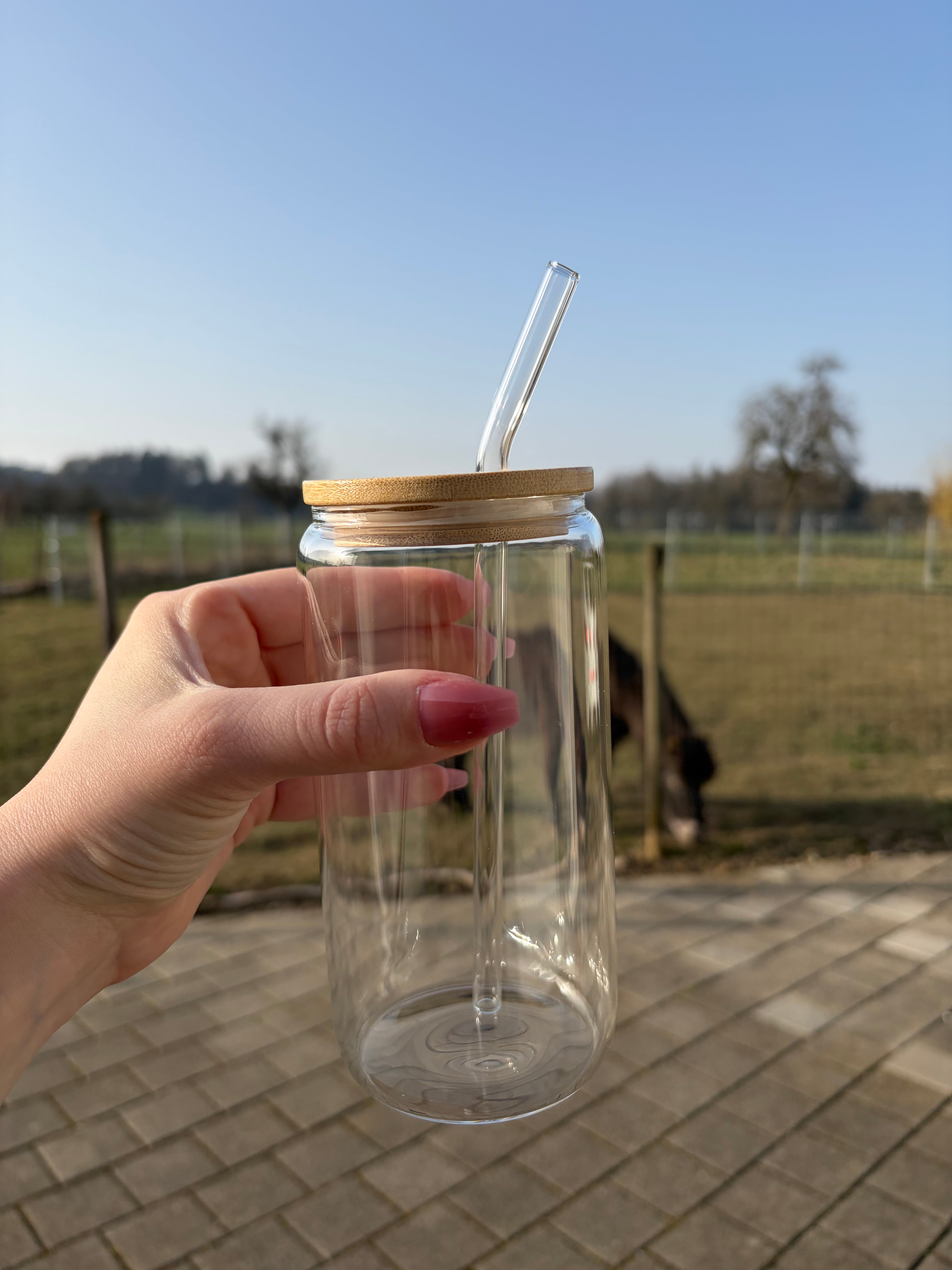 Glasbecher mit Bambusdeckel & Glasstrohhalm